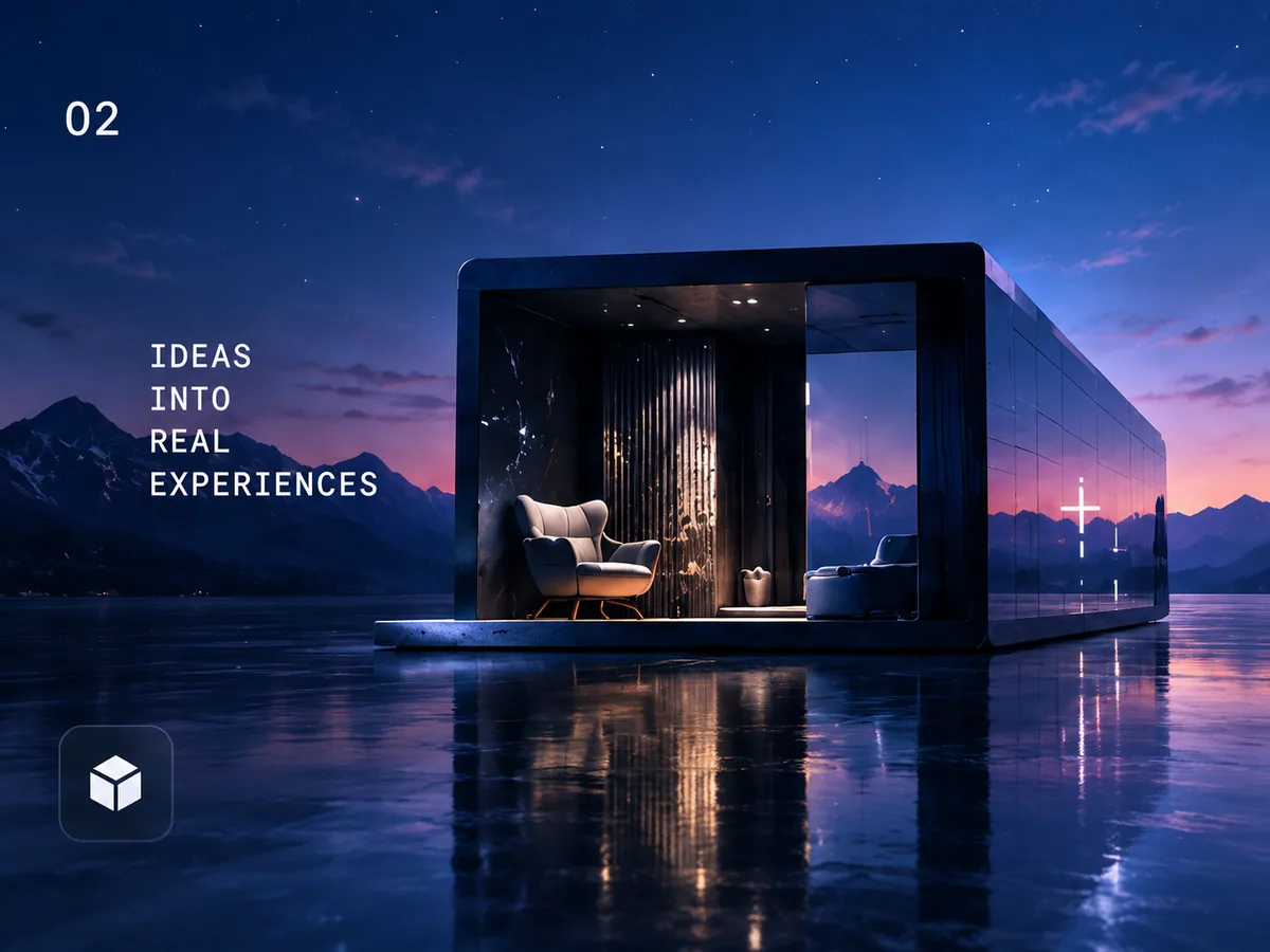 Glass pavilion on a still lake at dusk, captioned ideas into real experiences