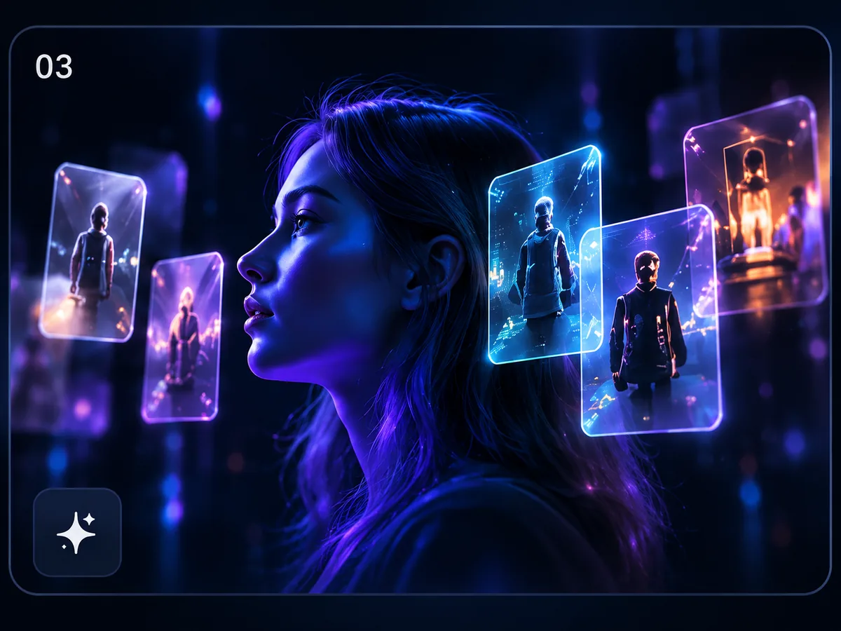 Profile lit in blue with AI-generated campaign frames floating around her